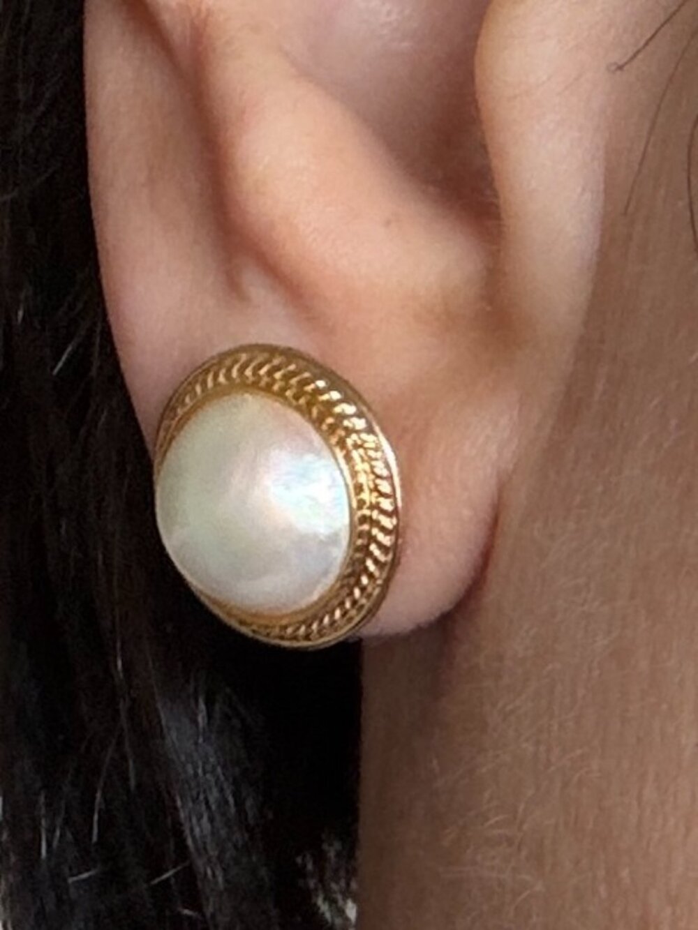 14K Yellow Gold Pearl Button Earrings 3.97g Rope Twist Vintage Style Studs - Picture 8 of 8
